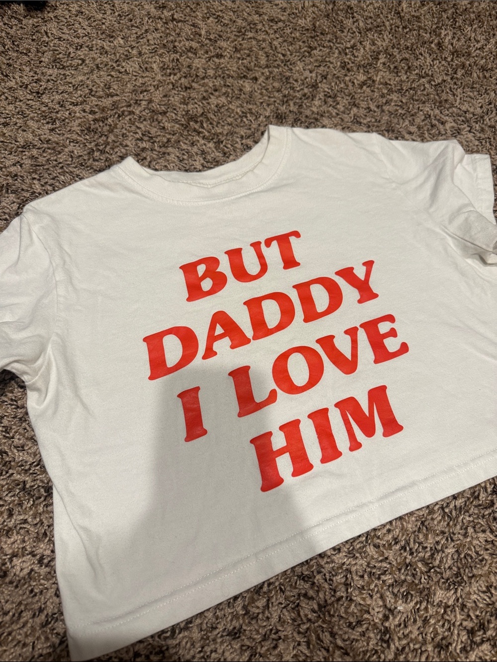 White Crop Top with Red Graphic Text